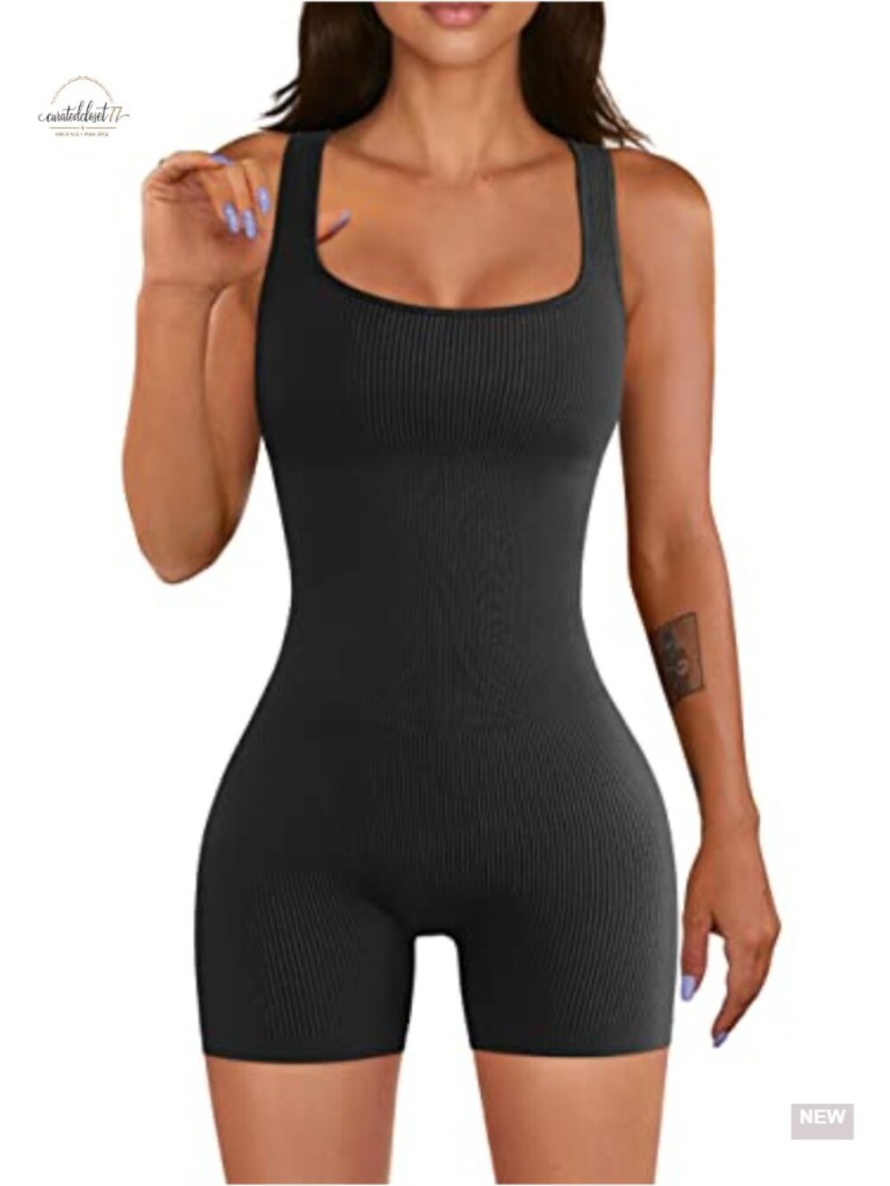 Seamless Rib-Knit Square Neck Sleeveless Romper Jumpsuit Yoga Bodysuit